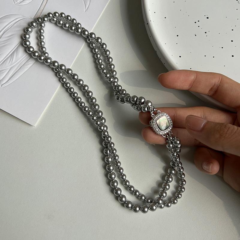 Fritillary Button Double Pearl Necklace Light Luxury Retro Elegant Retro Versatile Neck Chain Sweater Chain