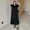 DIMANAF 2025 Sommer Übergröße Kleid Damen Einfarbig Lässig Vintage Hemdkleid Basic Locker Schwarz Langes Kleid