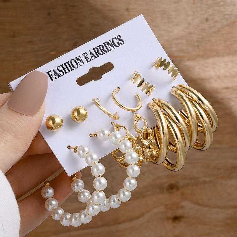 European & American Geometric C-Shaped Hoop Earrings: 6-Piece Gold & Pearl Wire-Wrapped Set for Women