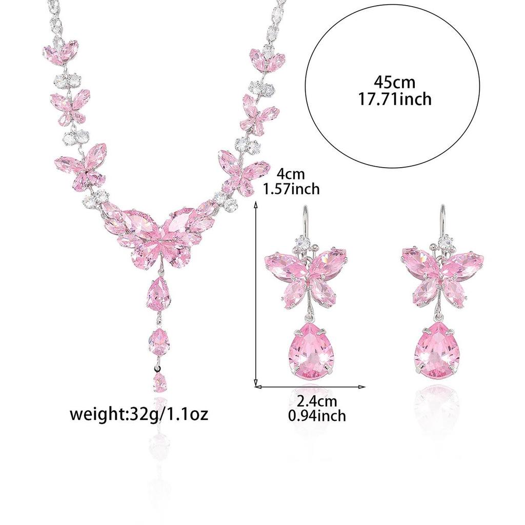 Fashion Trend Pink Butterfly Zircon Jewelry Set: Earrings, Necklace, and Collarbone Chain