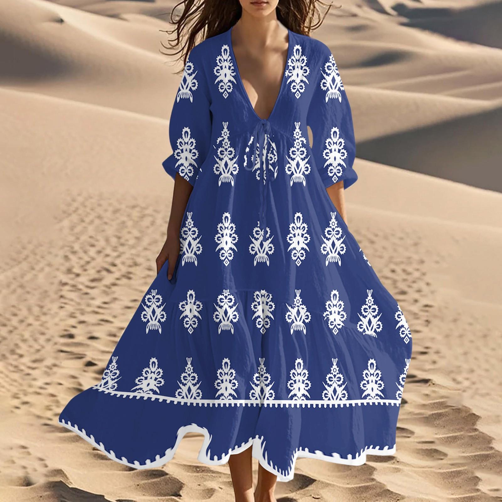 

Жіноча літня мода V-подібний виріз пляжна довга сукня вінтажна з принтом шнурівка вставки сукні S