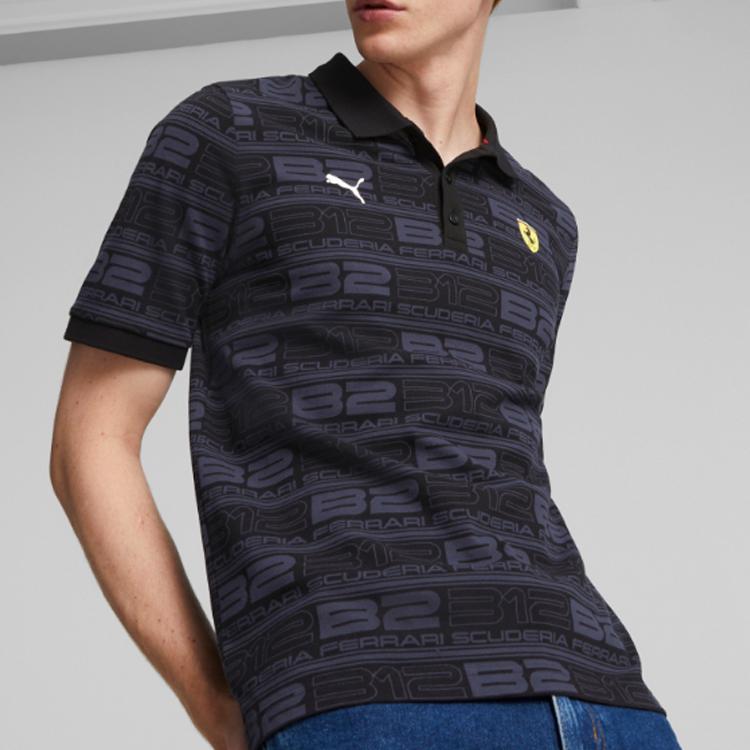 Puma FW22 Seria Wyścigowa Ferrari Cały Nadruk z Logo Koszulka Polo z Krótkim Rękawem Męskie Koszulki Polo Czarna 535844-01