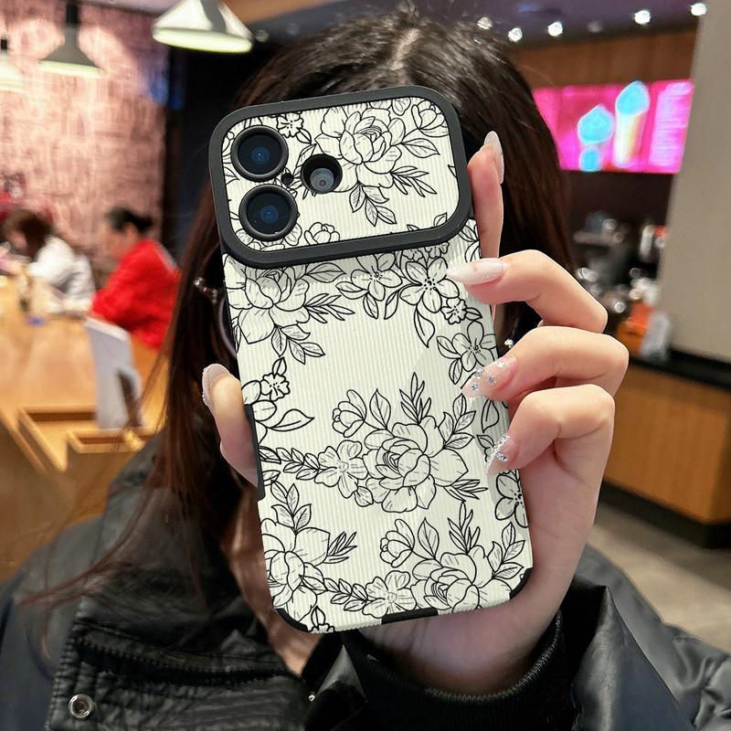 Floral Plants Printed Vertical Grain Leather Soft Silicone Phone Case Back Cover with Camera Lens Full Protection for iPhone 17