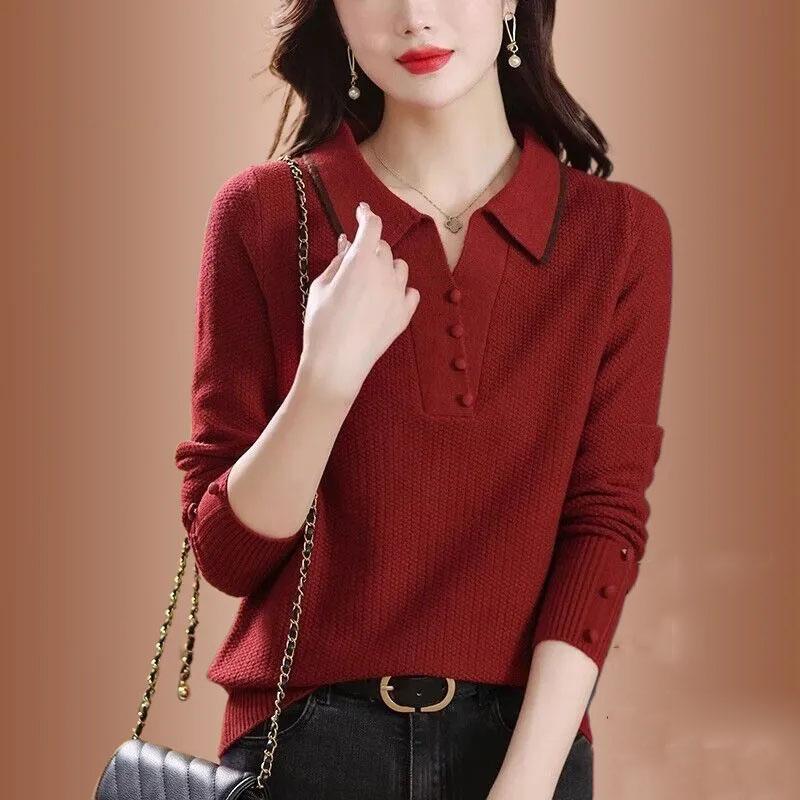 Spring Autumn Fashion Women Sweater Elegant Turndown Pullover Sweater Female Loose Knitting Bottoming Shirt Jumper Lady