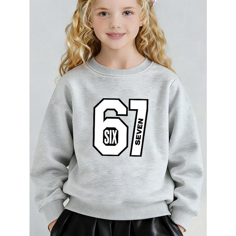 Kids Unisex Crewneck Sweatshirt, Big White Varsity 67 Number with SIX SEVEN Inside Text Print Long Sleeve Pullover, Sweatshirt for Boys Girls Ages 4+