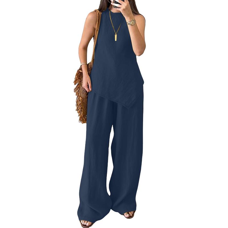 

ZANZEA Женские топы без рукавов и брюки Летние костюмы-двойки 3XL синий