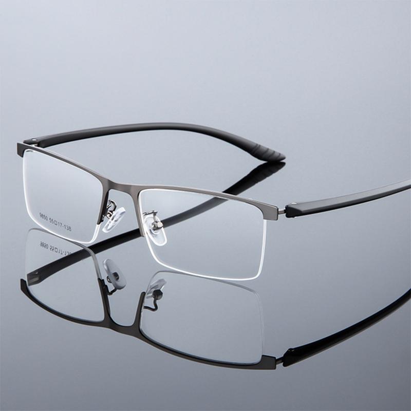 Semi-Rimless Business Metal Glasses Photochromic Lenses and Anti-UV Coating for Men Square Prescription 0 -0.5 -0.75 To -6