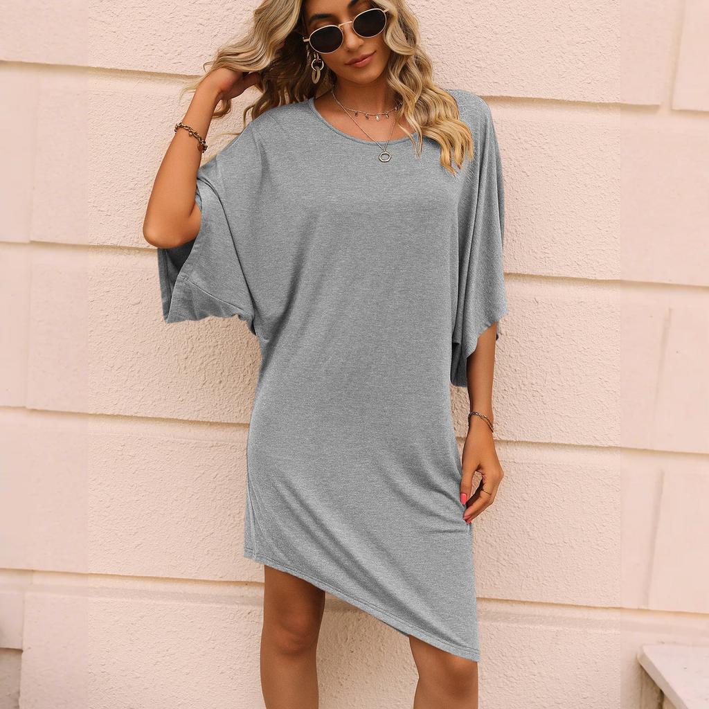 Women's Color Summer Quarter Sleeve Irregular Skirt Casual Loose Mid-Length Dress