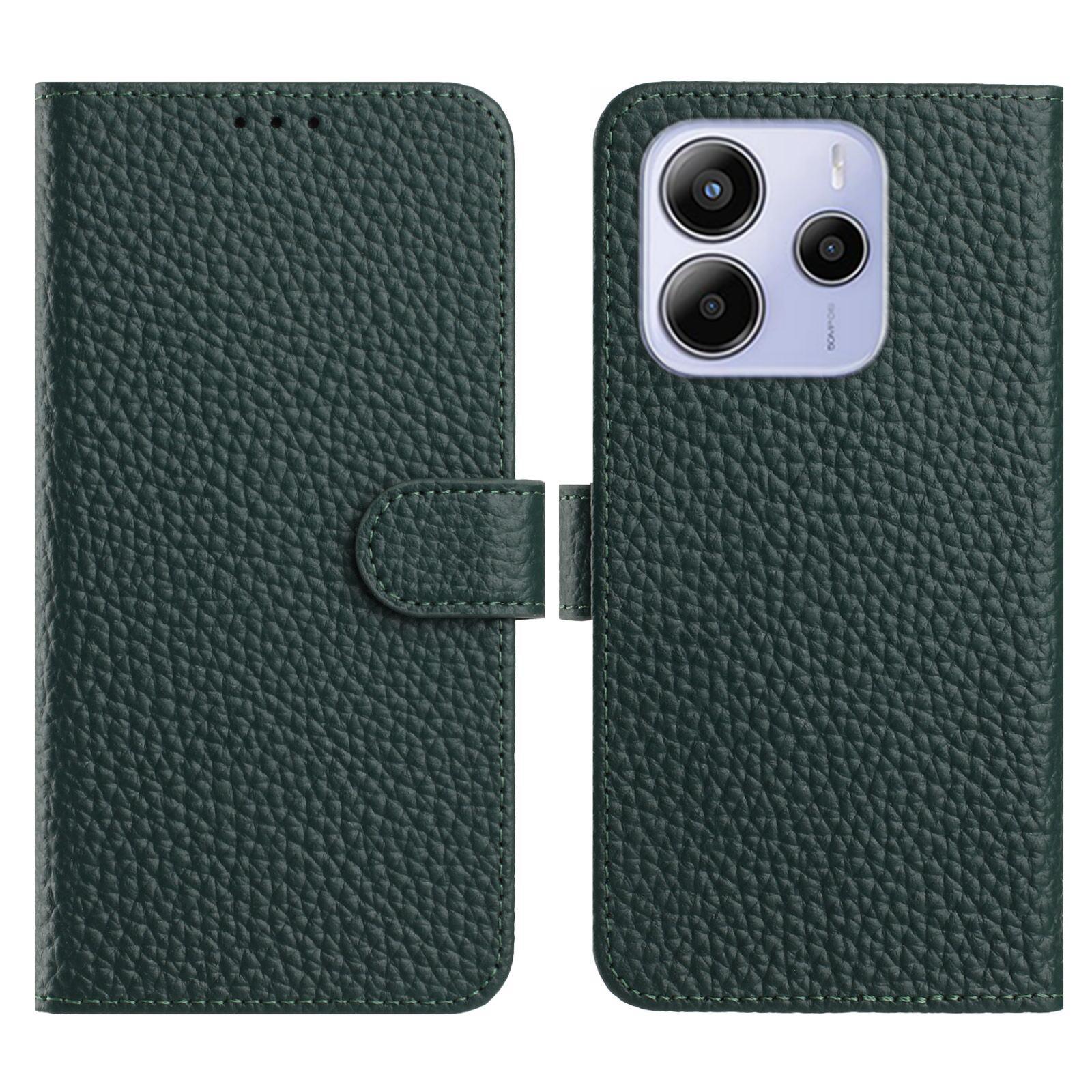 

For Xiaomi Redmi Note 14 4G (164.84mm) Case Wallet Stand Litchi Texture Genuine Cow Leather Flip Phone Cover Green