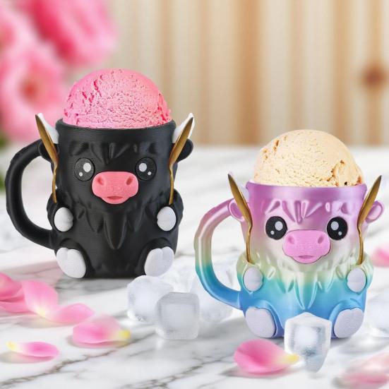 Highlandskveg Iskrem Pint Holder med 2 Skjeer Pingvin Iskremholder Gjenbrukbare Popsicle Beholdere Ølboksholder for Kjøkken Kafé Restaurant