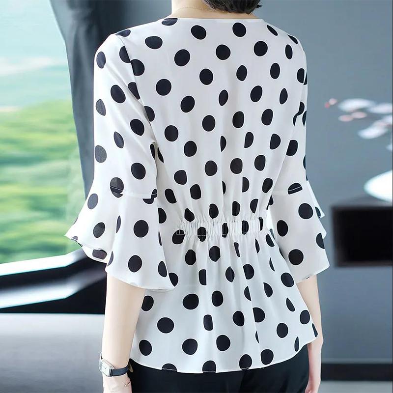 Spring and Autumn Ladies Chiffon Shirt Polka Dot Cover Belly Summer Ruffled Waist Blouse Western Style Small Shirt