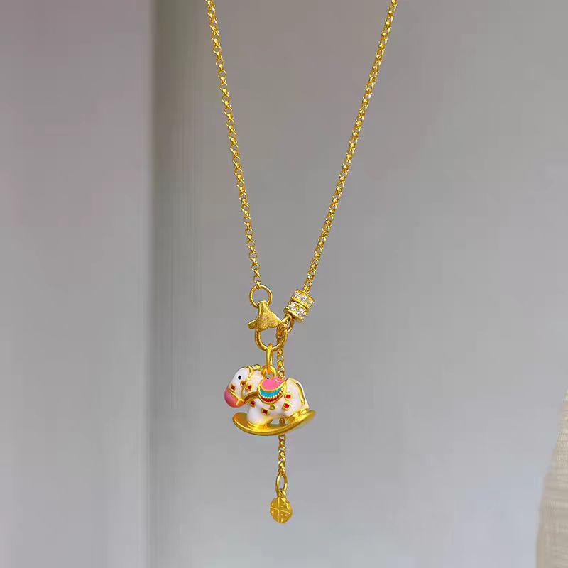 Vietnam Sand Gold Zodiac Horse Enamel Necklace: Women's Rocking Horse Pendant Clavicle Chain