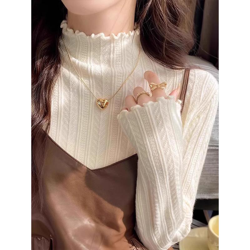 Semi-turtleneck inner top women's spring slim-fit fungus-edged knitted sweater versatile bottoming shirt