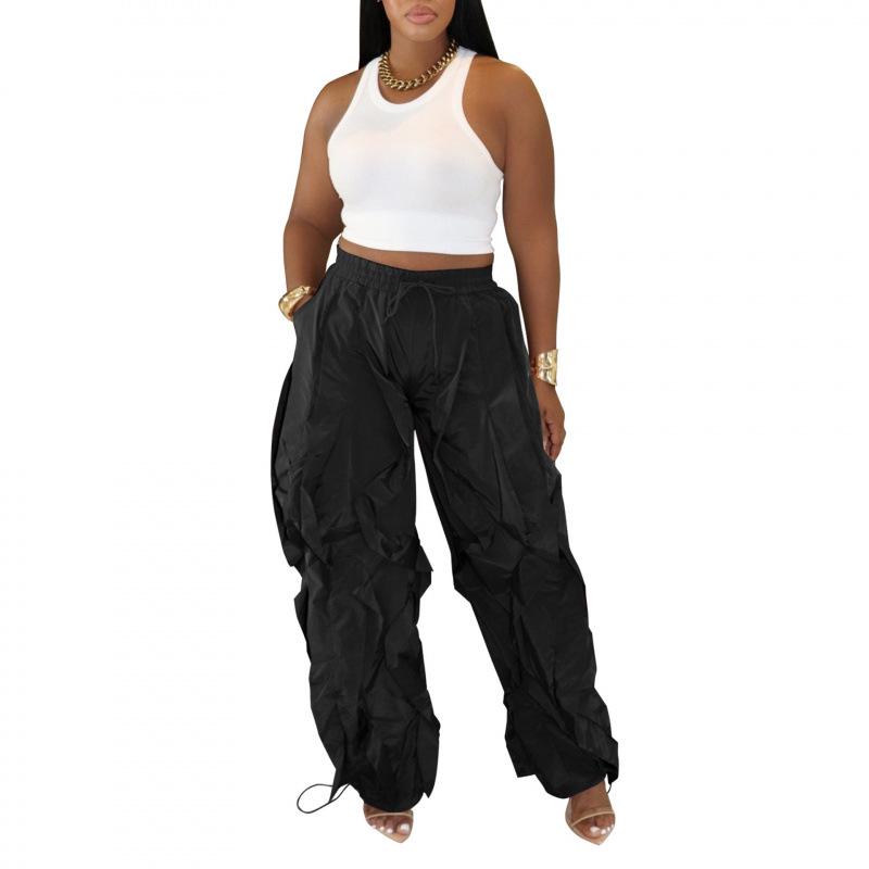 

Women s Casual Patchwork Lace Wide-Leg Pants, European & American Style, Loose Fitting, Long Length S чорний