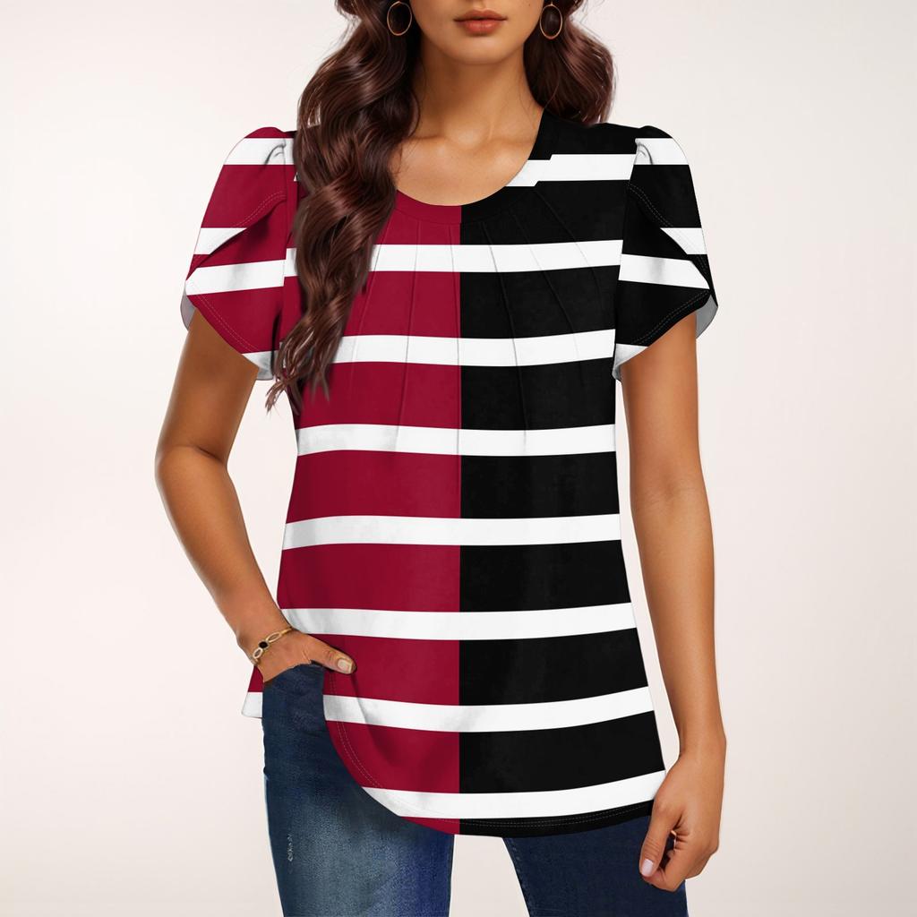 Women's Fashionable Round Neck Short Sleeve Print Casual Basic Pleated Pullover T-shirt Top