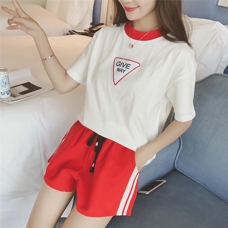 Fashion Letter Printing Short-sleeved T-shirt Casual Suit for Women's Summer New Color Block Sports Shorts Two-piece Set