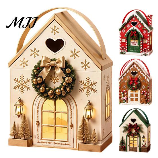 Reusable Seasonal Gift Containers Christmas House Shaped Candy Boxes with Handles, Festive Cottage Winter Holiday Packages Treat for Cookies