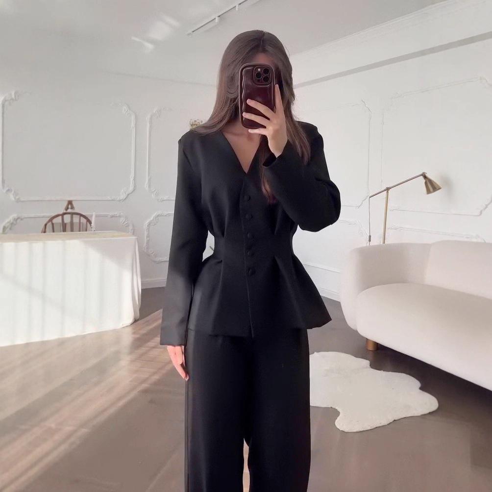 2025 Autumn Women's European & American V-Neck Slim White-Collar Pant Suit with Waist-Cinching Long Coat