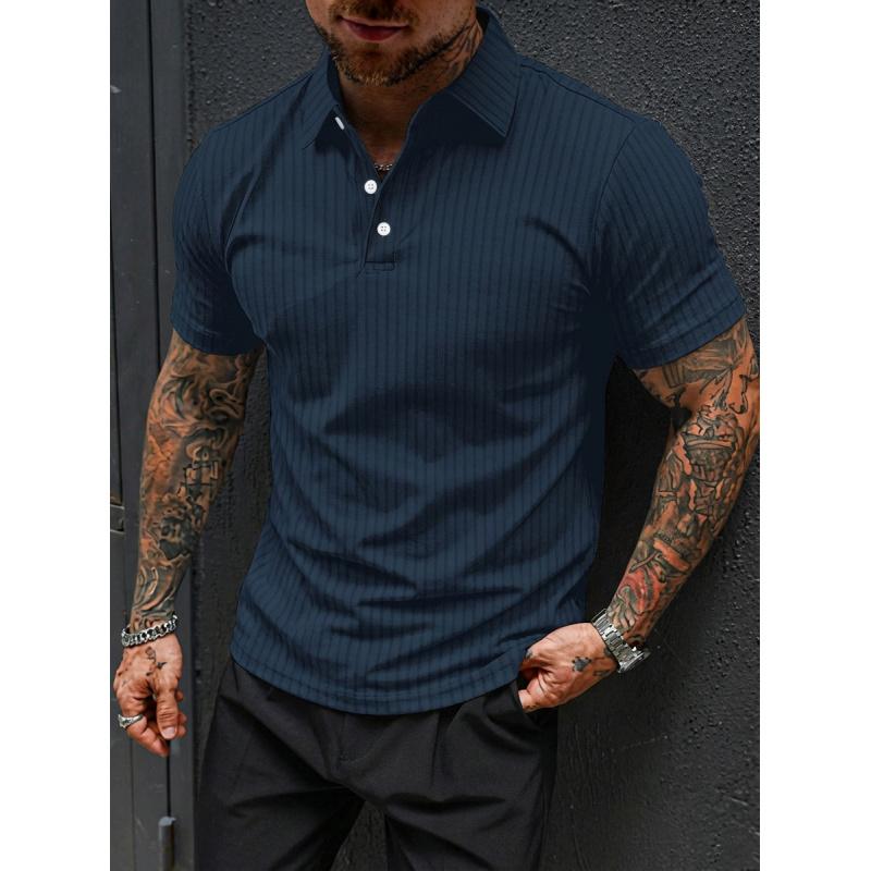 Men's Summer High-Elasticity Ribbed Fitness Sports Casual Fashion Knitted Short-Sleeve Polo Shirt