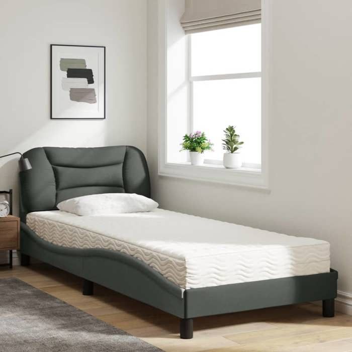 VidaXL Lit avec matelas gris foncé 90x200 cm tissu, meuble de chambre à coucher, lit simple, cadre de lit incurvé, sommier, 3208507