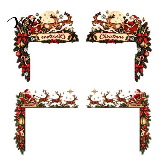 Xmas Fireplace Hanging Sign Christmas Door Topper, Funny Santa Claus Reindeer Sleigh Frame Holiday Decoration Corner Sign, Wooden Home Decor