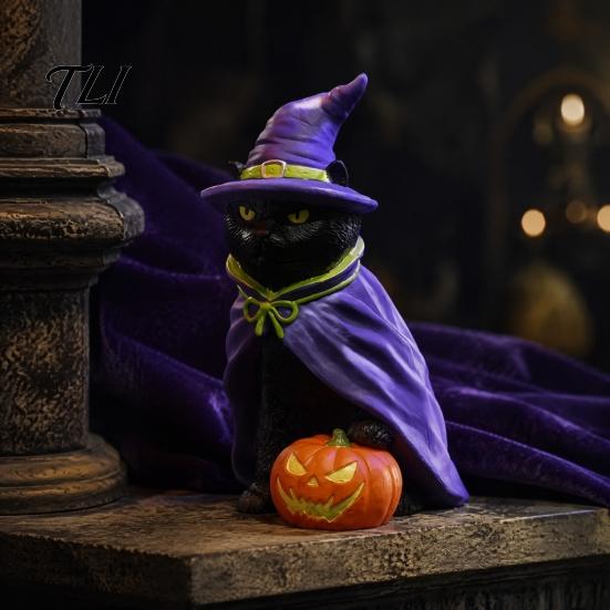 Artistic Garden Courtyard Decor Halloween Black Cat Witch on Pumpkin Resin Statue, Mysterious Gothic Tabletop Stylish Modern Room Accents Figurine,