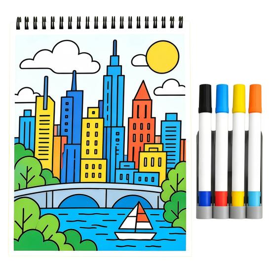 Stress Relief Coloring Activity Trace-By-Groove Guided Book, Clear Artistic Printing with 20 Decorative Double Sided Marker Pen Set Scenes And