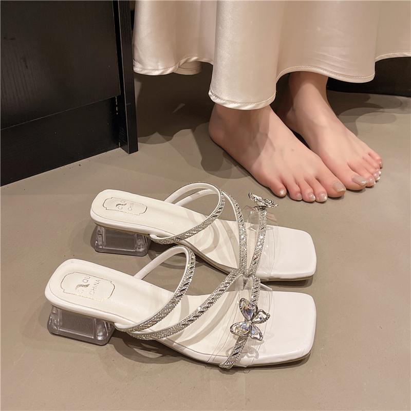 Fashion New Fashion Silver Crystal Bowknot Slipper Summer Outdoor Sandal Women Square Low Heel Beach Slip on Flip Flop Slides Shoes Size