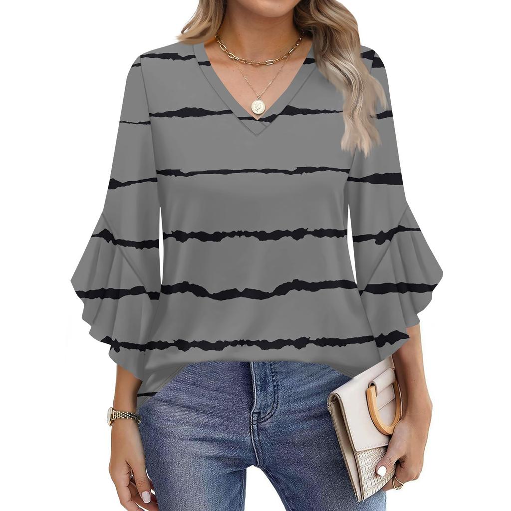 Damenmode Lässig Sieben-Minuten-Ärmel Streifendruck Oberteil V-Ausschnitt T-Shirt Glockenärmel Hemd