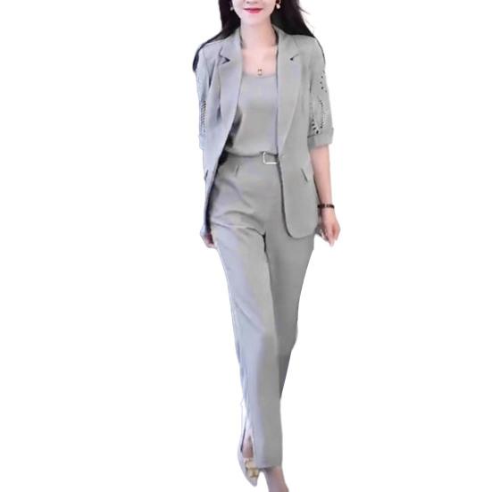 

3 шт./компл. женский деловой костюм с V-образным вырезом без рукавов, жилет с половиной рукавов и лацканами, ажурное пальто, шаровары с высокой талией, однотонный формальный стиль для поездок на работу L серый