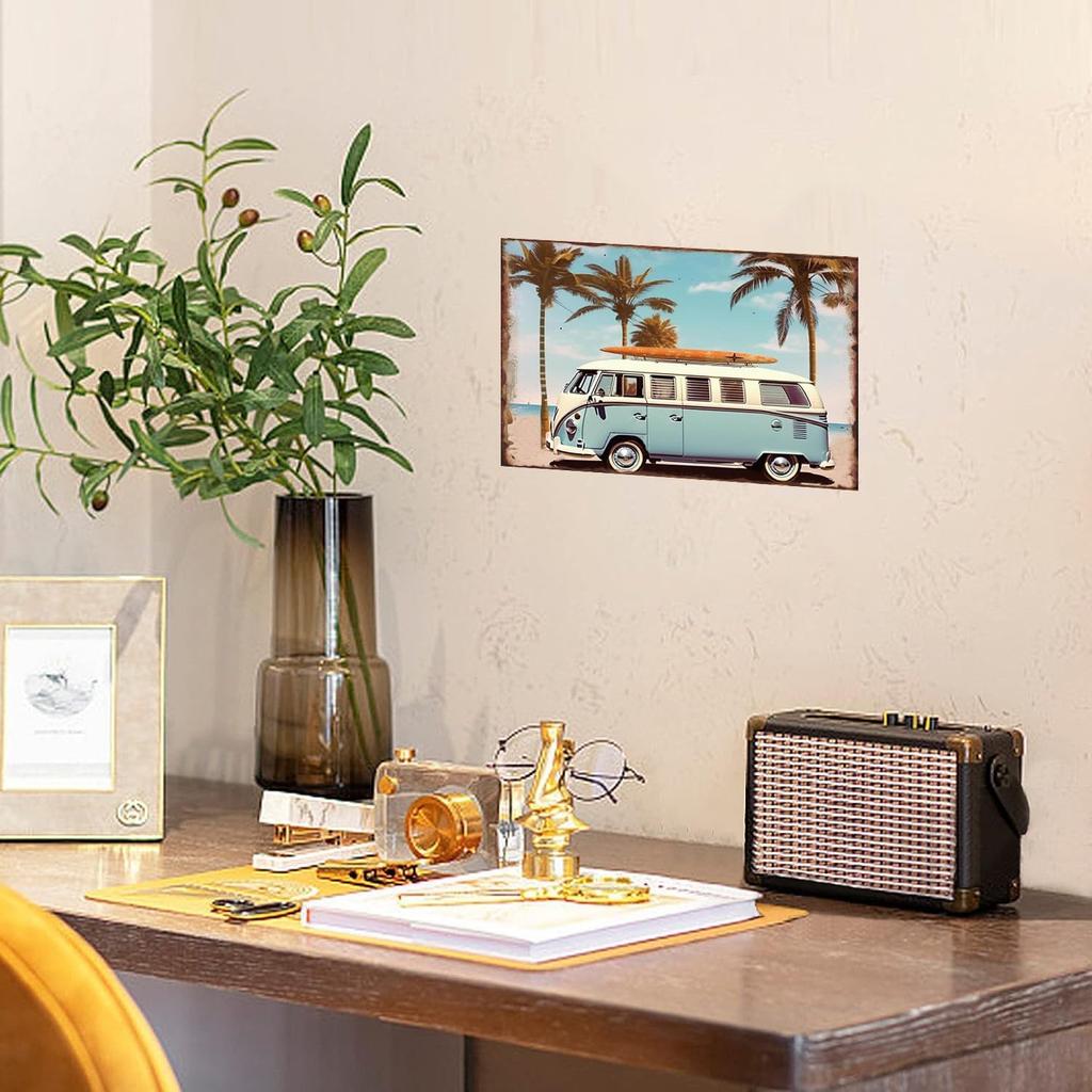 Summer Beach Metal Tin Sign Surfer Poster Surf Van Wall Decor Gift for Surfers Beach Club Open-Air bar Porch Stickers Poster Bar Decor 8x12 Inch