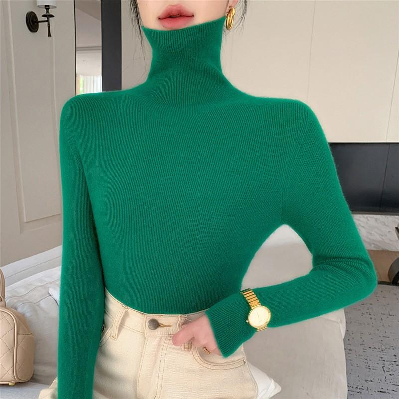 Women's Black Wool Semi-High Neck Base Layer Sweater - Soft, Comfortable, Slimming Fit for Autumn/Winter.