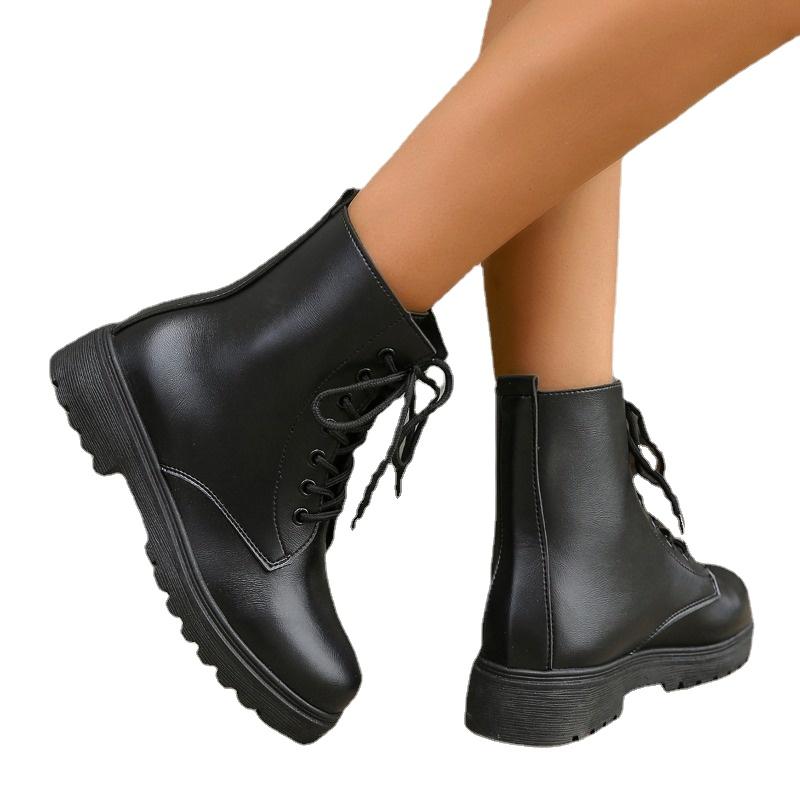 

Горячая Распродажа Обуви для Женщин Зимние Женские Ботинки Однотонные Круглый Носок Низкий Каблук Водонепроницаемые На шнуровке Zapatillas De Mujer 43 чёрный