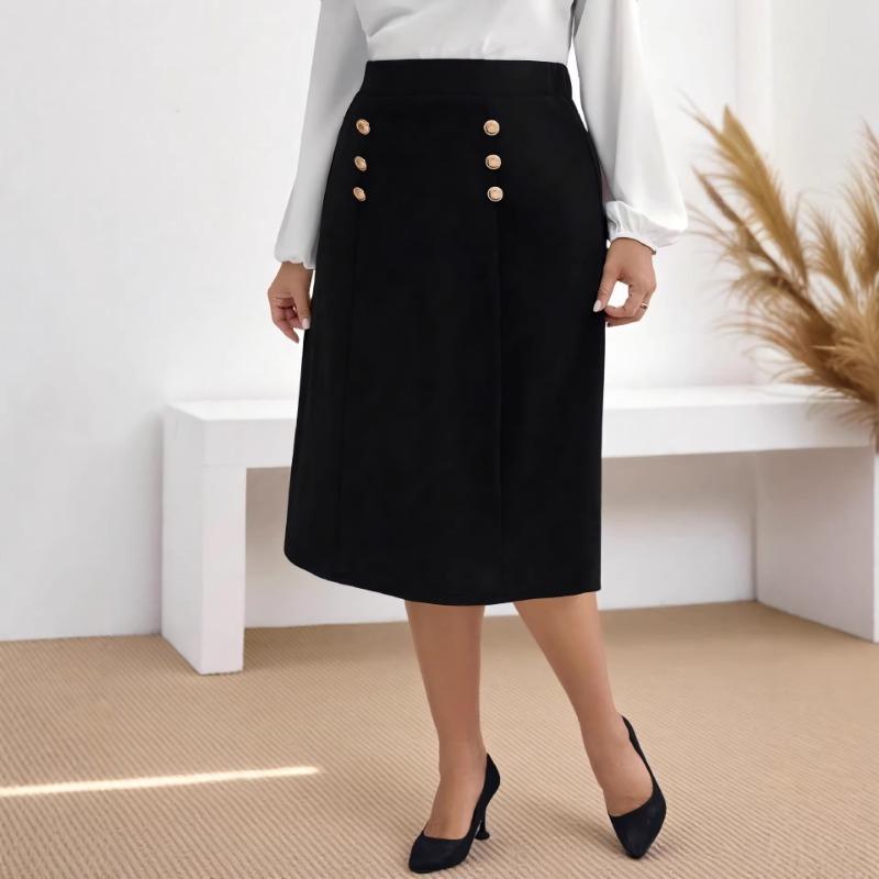 Women Elegant High Waist Double Breasted Gold Button Decorated Midi Pencil Skirt S чёрный