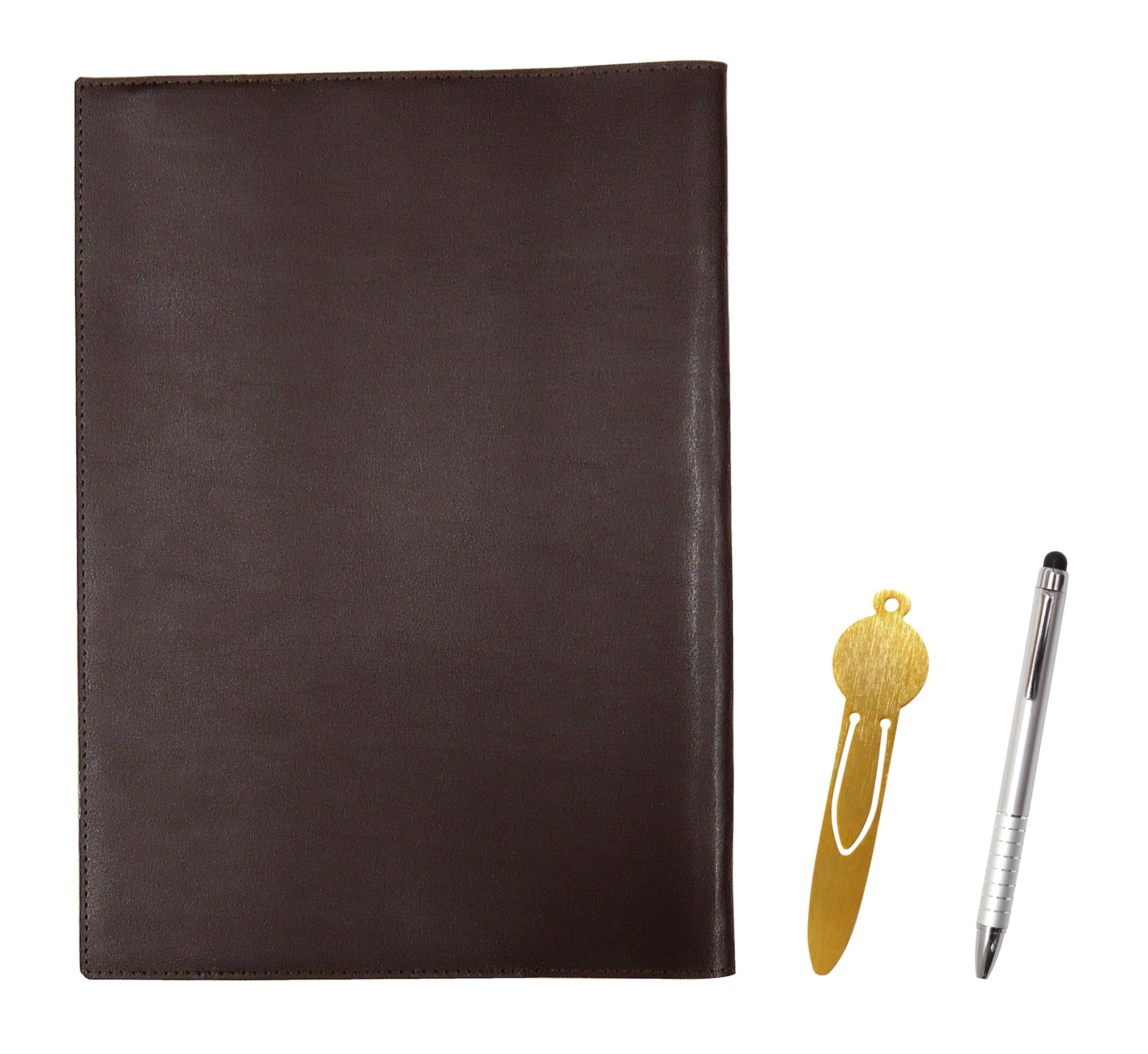 

Brown recycled cowhide B5 book and notebook cover with metal bookmark and a silver rotating ballpoint pen set with smartphone touch function 9