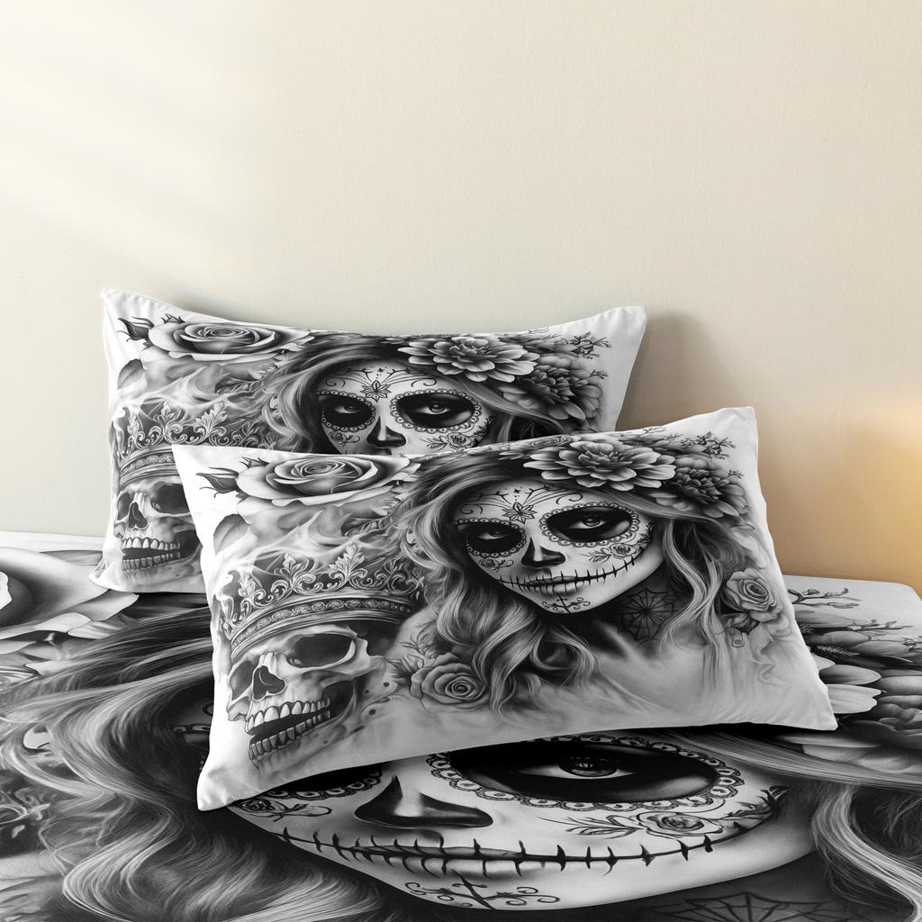 3Pcs Gothic Skull Queen Print Duvet Cover Set, Black White Floral Print Bedding Set, For Family Bedrooms Dormitories Hotels