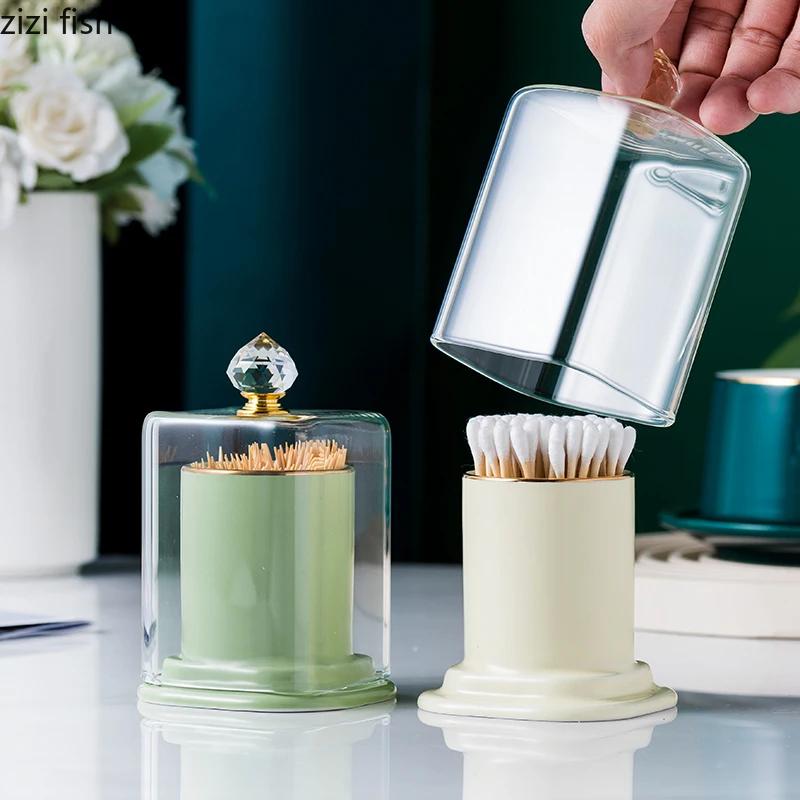 Ceramic Toothpick Holder Glass Cover Toothpick Jar Cotton Swab Box Toothpick Dispenser Cotton Swab Holder Cotton Swab Dispenser