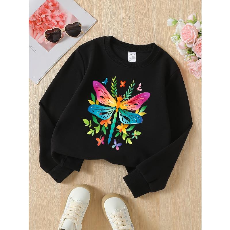 European Sizes Vibrant Dragonflies And Butterflies Crew Neck Sweatshirt for Girls, Autumn Winter Long-Sleeved Western Top.