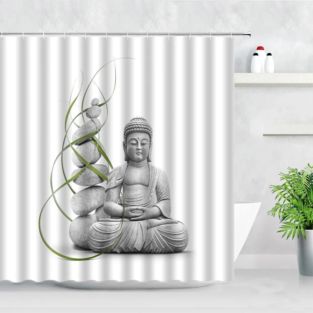 Zen Green Bamboo Shower Curtains Stone Buddha Lotus Candle Asian Japanese Spa Garden Scenery Bath Curtain Fabric Bathroom Decor