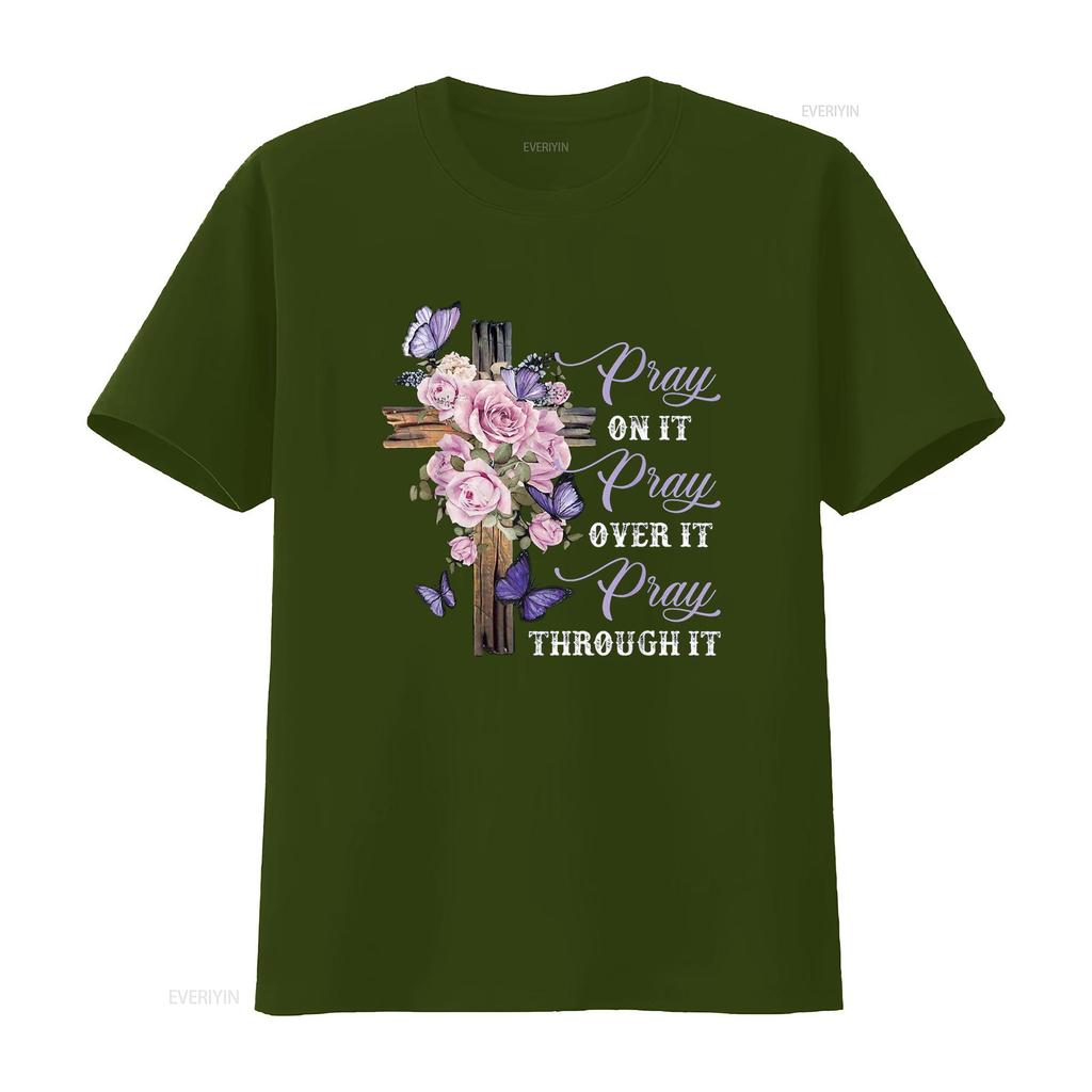 Pray On It Over Through Christian T Shirt vintage Washed Soft streetwear Top For Everyday Wear Breathable designer clothes