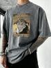 Retro Styled Cat Calling Out Print Washed TShirt Men Summer Vacation Clothing Casual Crewneck Tee Shirt Loose Cotton Streetwear