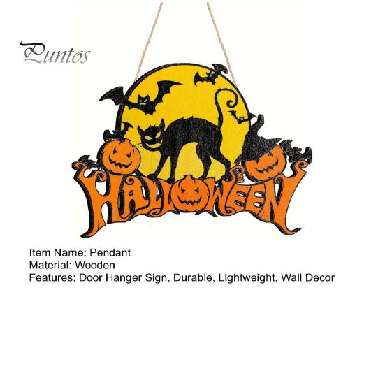 Handmade Hemp Rope Pendant Halloween Wood Door Hanger Sign, Pumpkin And Black Cat Printed, with Unique House Ornament Lanyard, Decorative Wall