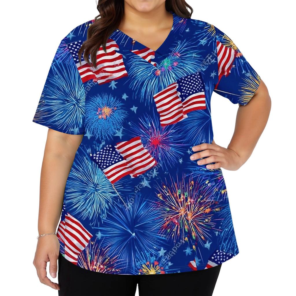 Women's Fashionable Casual Independence Day American Flag And Stars Print V-neck Short-Sleeved Work Shirt With Double Side Slits And Pockets
