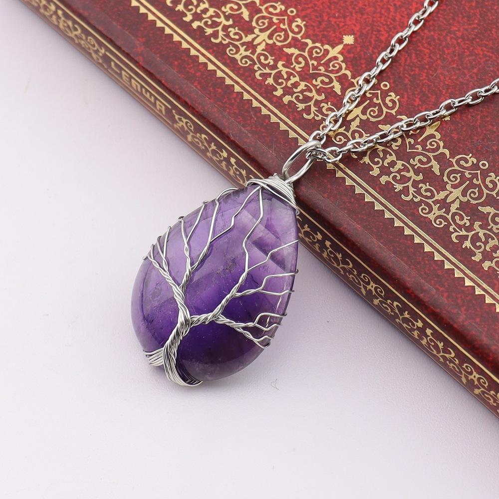 Natural Stone Crystal Agate Water Drop Winding Silk Tree Of Life Pendant Necklace Sweater Chain Water Drop Rough Stone N779