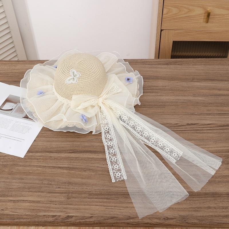 Summer Bow Sun Hat Female, Seaside Beach Vacation Sun Hat Outdoor Big Brim Sun Hat Sweet Straw Hat