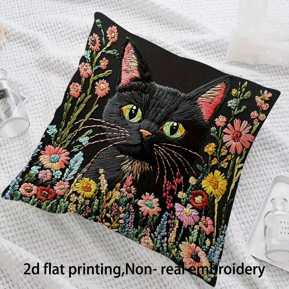 2D Flat- Vintage Floral Black Cat Throw Pillow Cover Rustic Farmhouse Decorative Cushion Case For Sofa Couch Bedroom Living Room