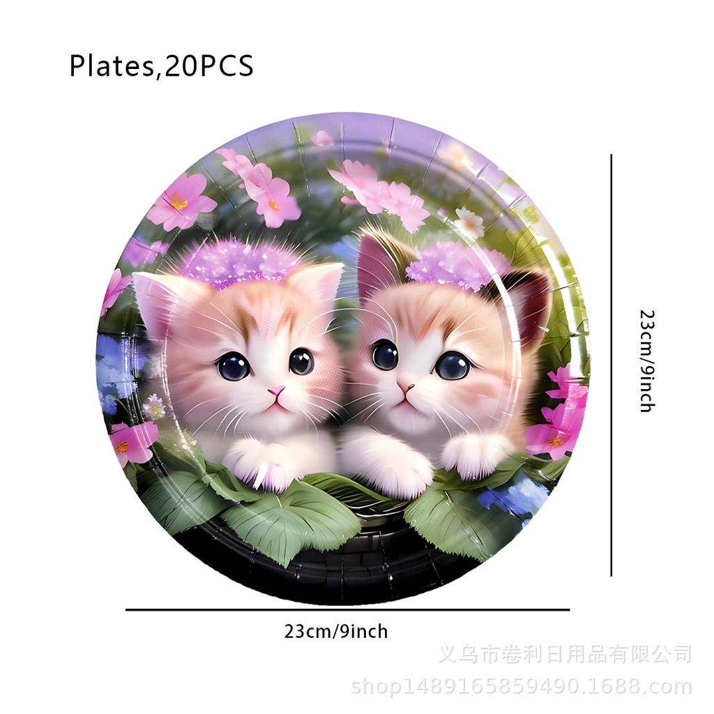 Cat Flower Theme Party Supplies Cat Party Tableware Disposable Paper Plates Paper Cups Paper Towels