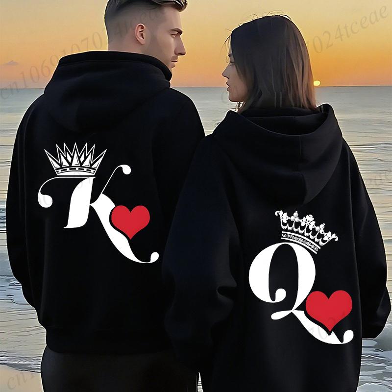 Couple Hoodies Valentines Day Matching Outfits King and Queen Printed Couple Hoodies Boyfriend Girlfriend Fleece Sweatshirts Top