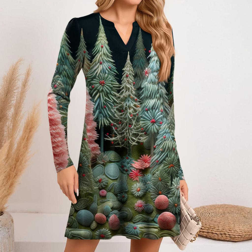 Women's Christmas Printed Dress Loose V-neck Casual Long Sleeved Dress