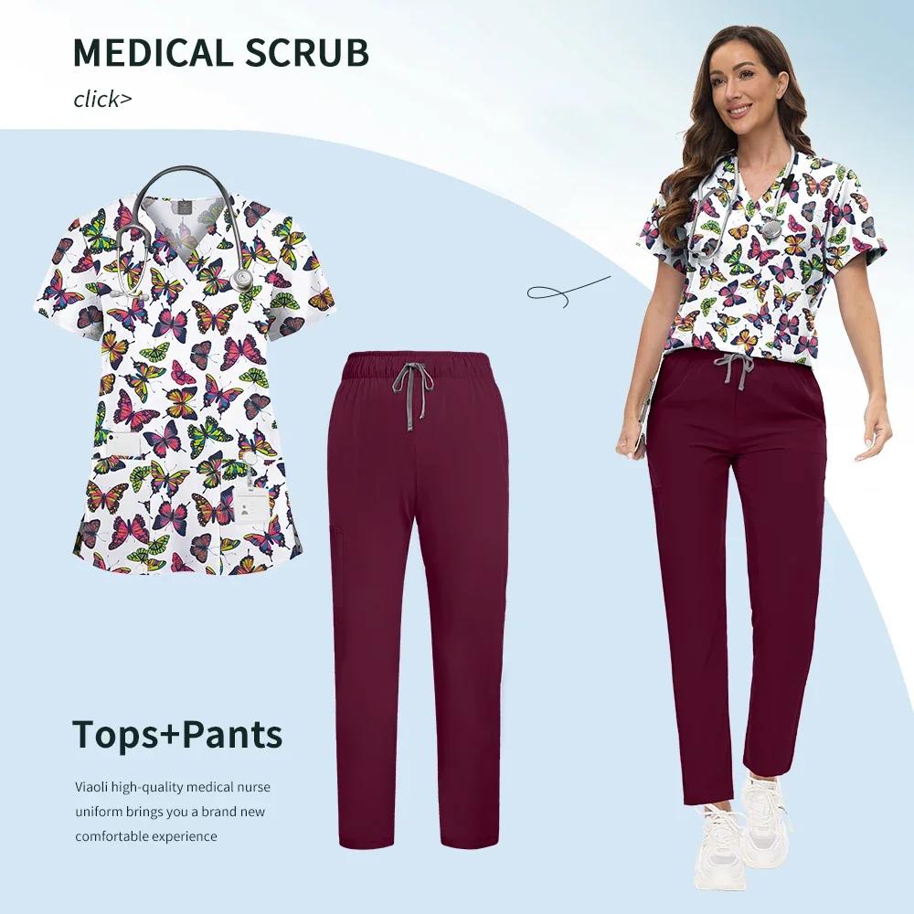 Printed Scrub Uniform Set V Neck Short Sleeves Pockets Top Medical Soft Scrub Pants Sets Nurse Surgical Uniforms Woman